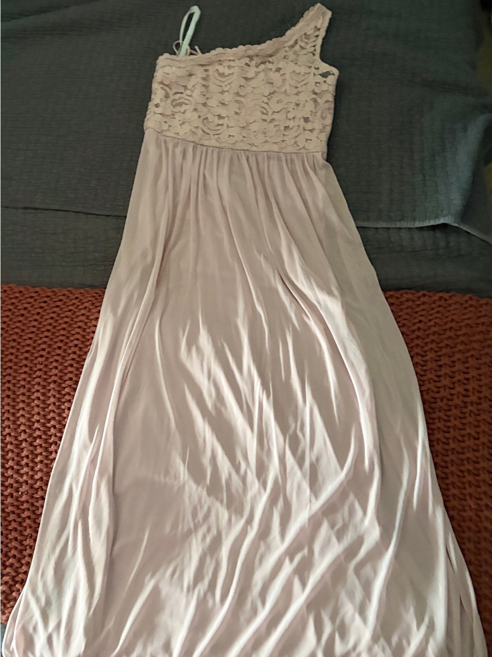 David's Bridal One-Shoulder Lace Bodice Maxi Dress in Blush